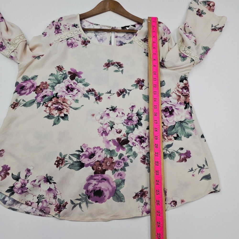 Jennie & Marlis Floral Bell Sleeve Blouse Ivory‎ Purple Lace Trim 1X Boho Fairy - Picture 13 of 14